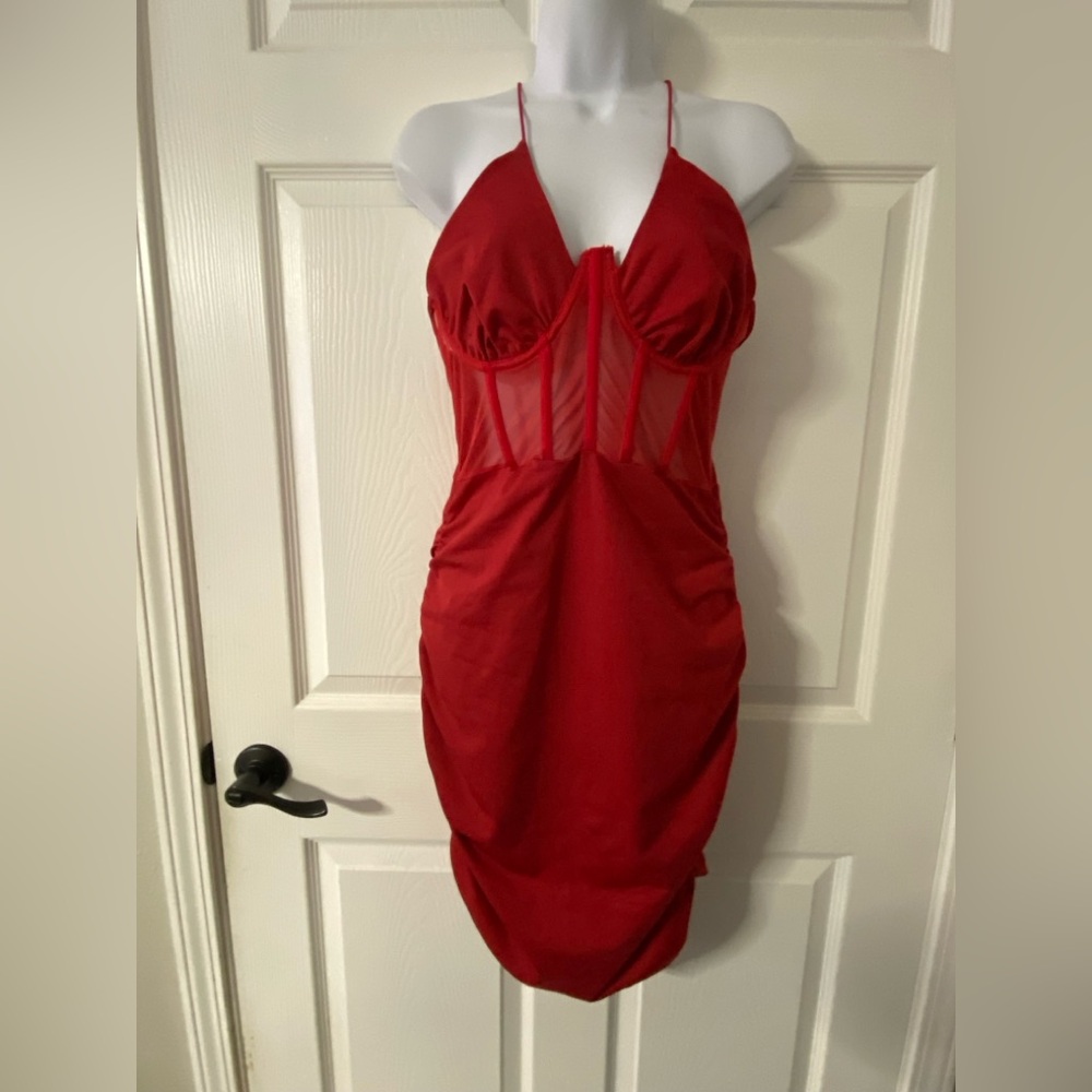 T33- EFFORDRAM Red BUSTIER Ruched Midi Dress